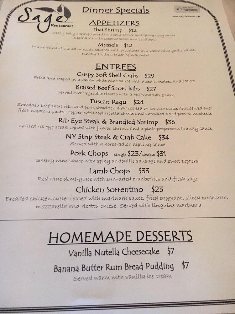 Menu at Sage Restaurant, Fair Lawn