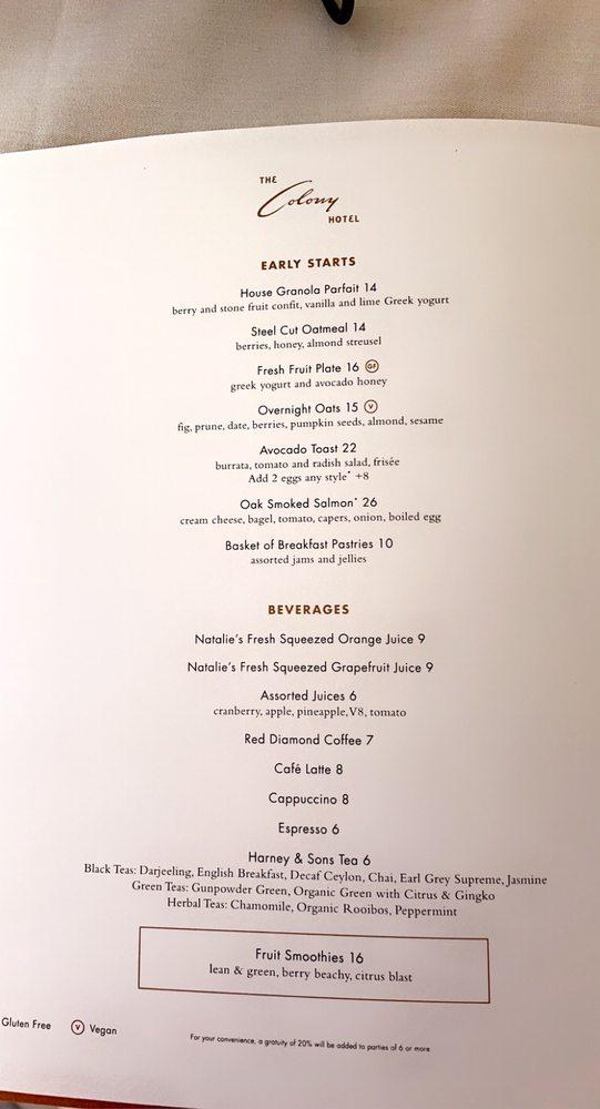 Menu at The Colony Hotel pub & bar, Palm Beach, 155 Hammon Ave