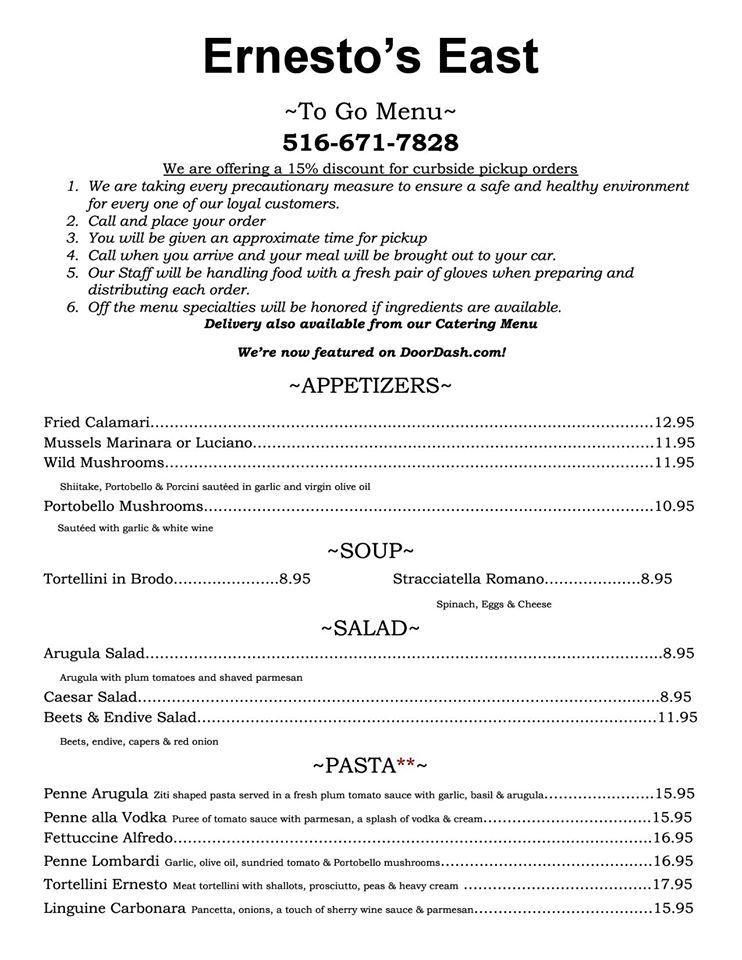 Menu at Ernesto's East restaurant, Glen Head