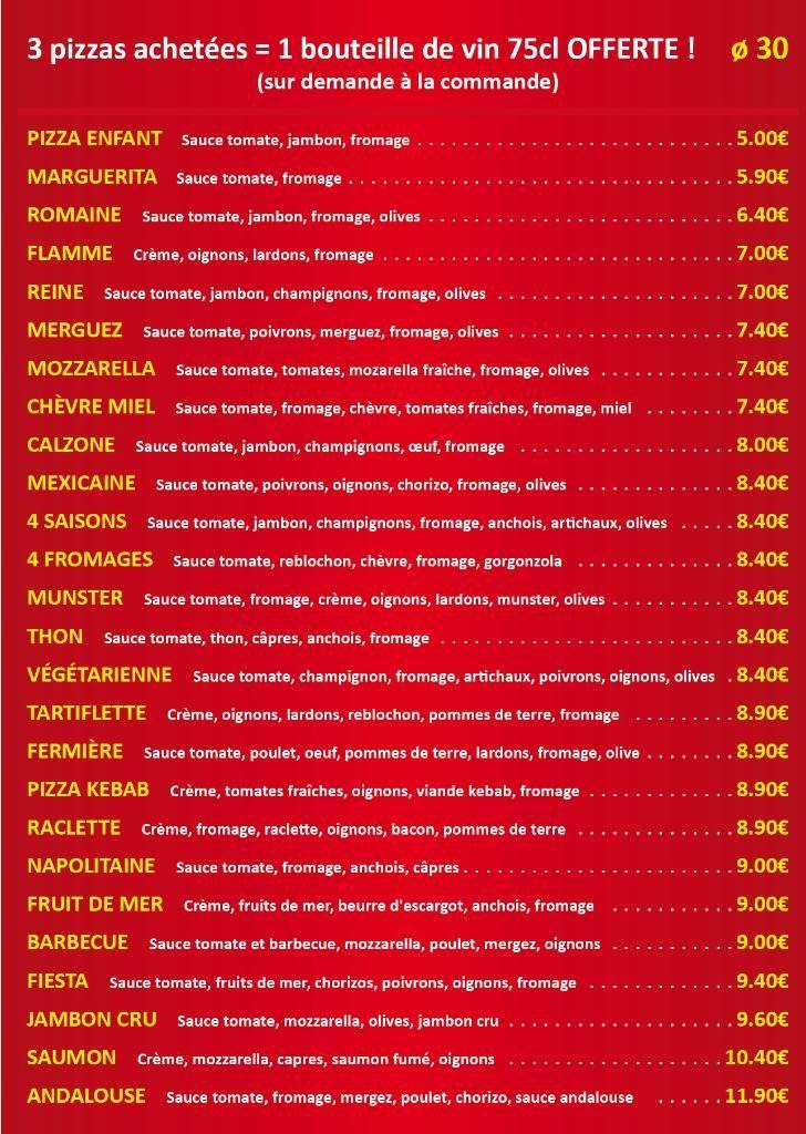 Menu at Pizza Fiesta restaurant, Clouange