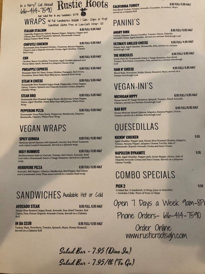 Menu at Rustic Roots cafe, Grand Haven