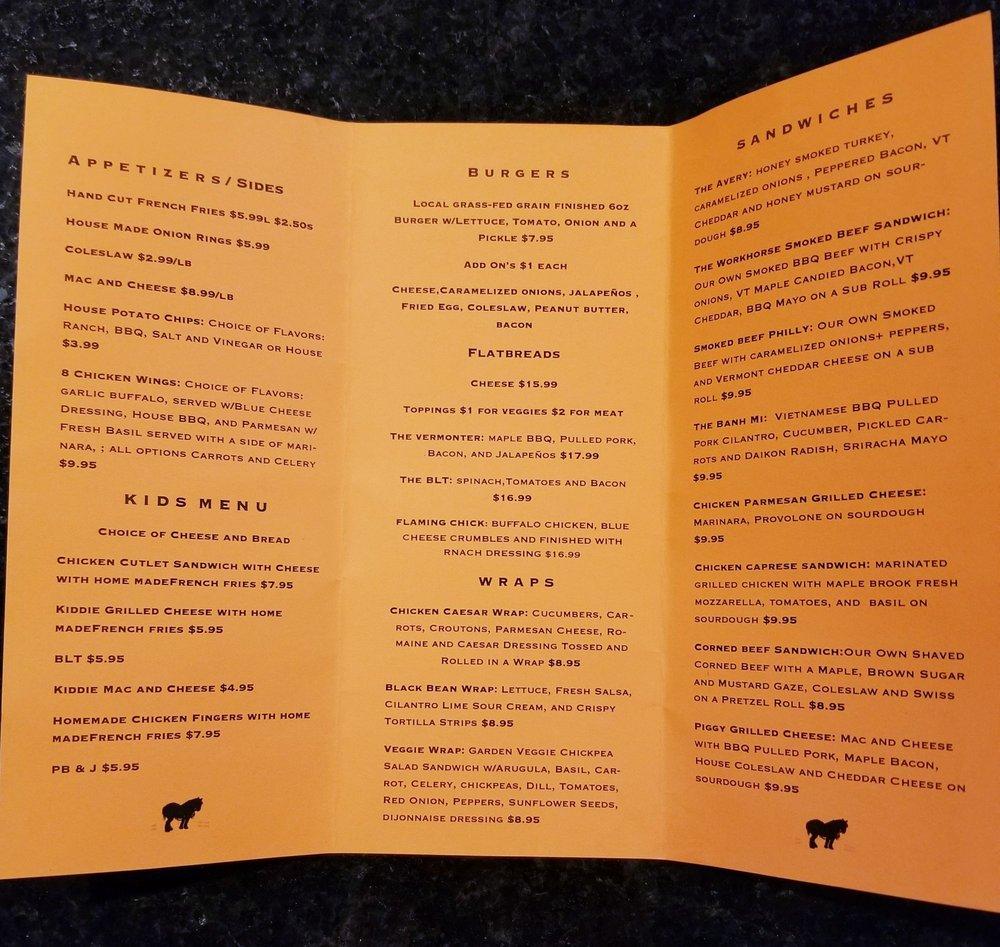 Menu at Workhorse Cafe, Winhall, 59 VT30