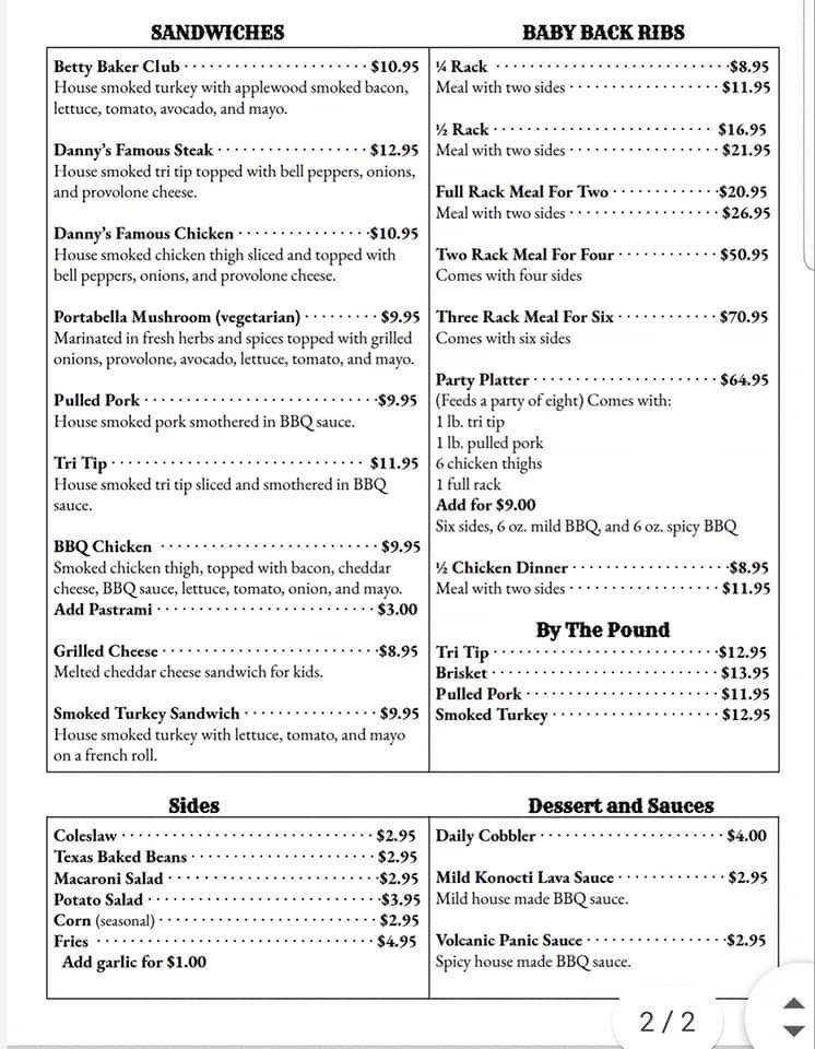 Menu at Danny's Roadside Kitchen BBQ, Lower Lake