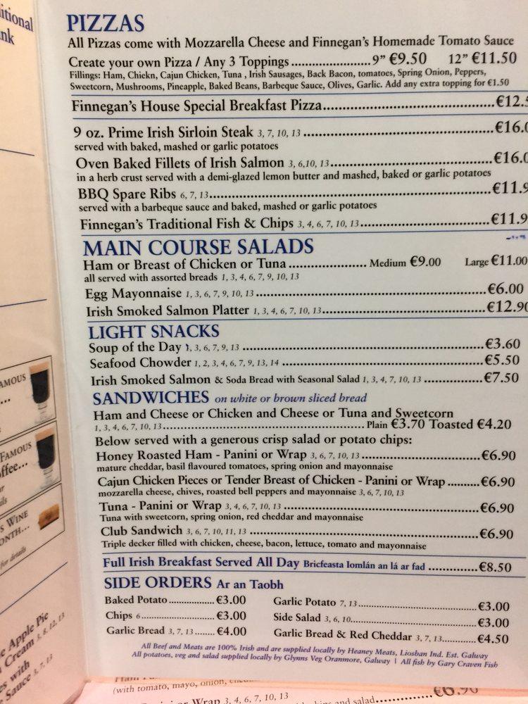 Menu at Finnegans restaurant, Galway