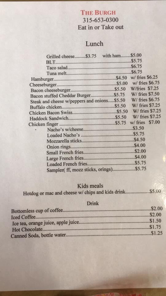 Menu At The Burgh Restaurant, South Otselic