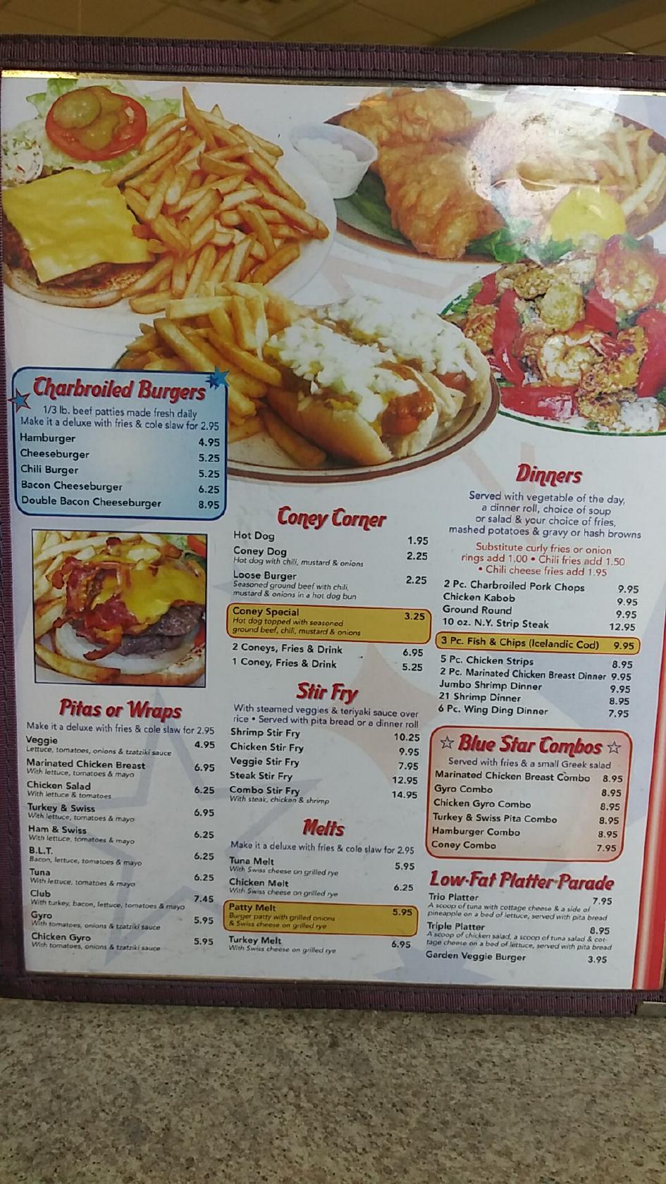 Menu at Blue Star Family Coney Island restaurant, Pontiac