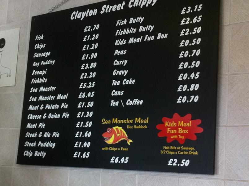 Menu at Clayton Street Chippy (Clacky D's) restaurant, Blackburn
