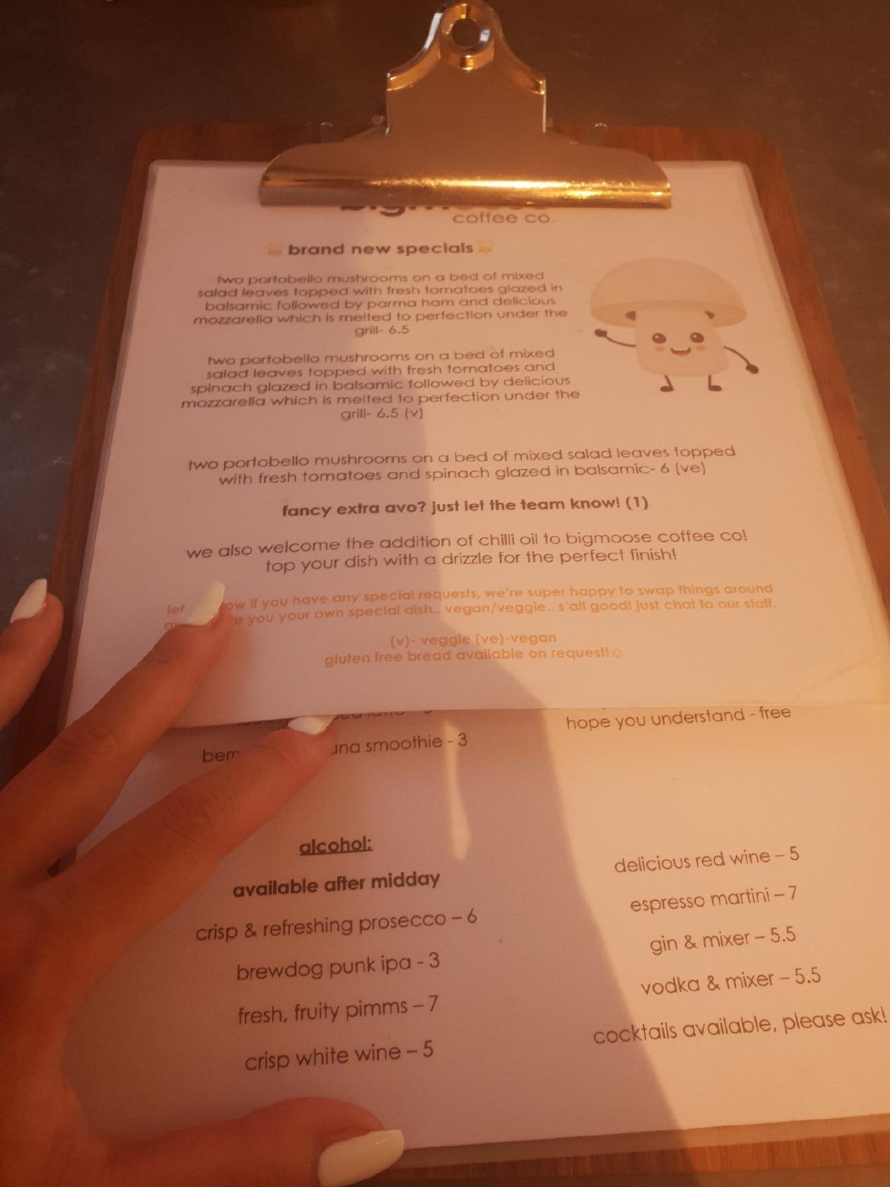 Carta del café bigmoose coffee co., Cardiff