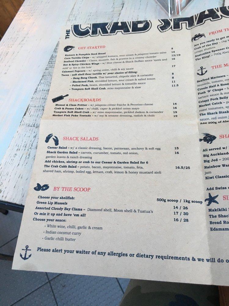Menu at The Crab Shack restaurant, Auckland