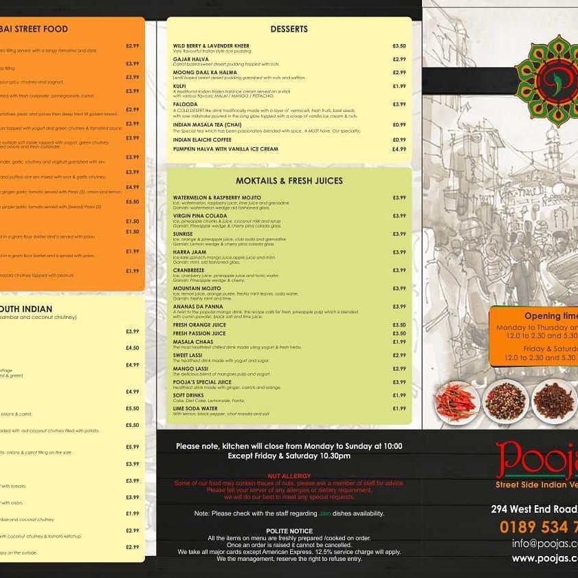 Menu at Pooja’s Street Side Indian Vegetarian restaurant, Ruislip