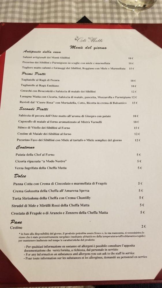 Menu at Trattoria Osti Matti restaurant, Rome