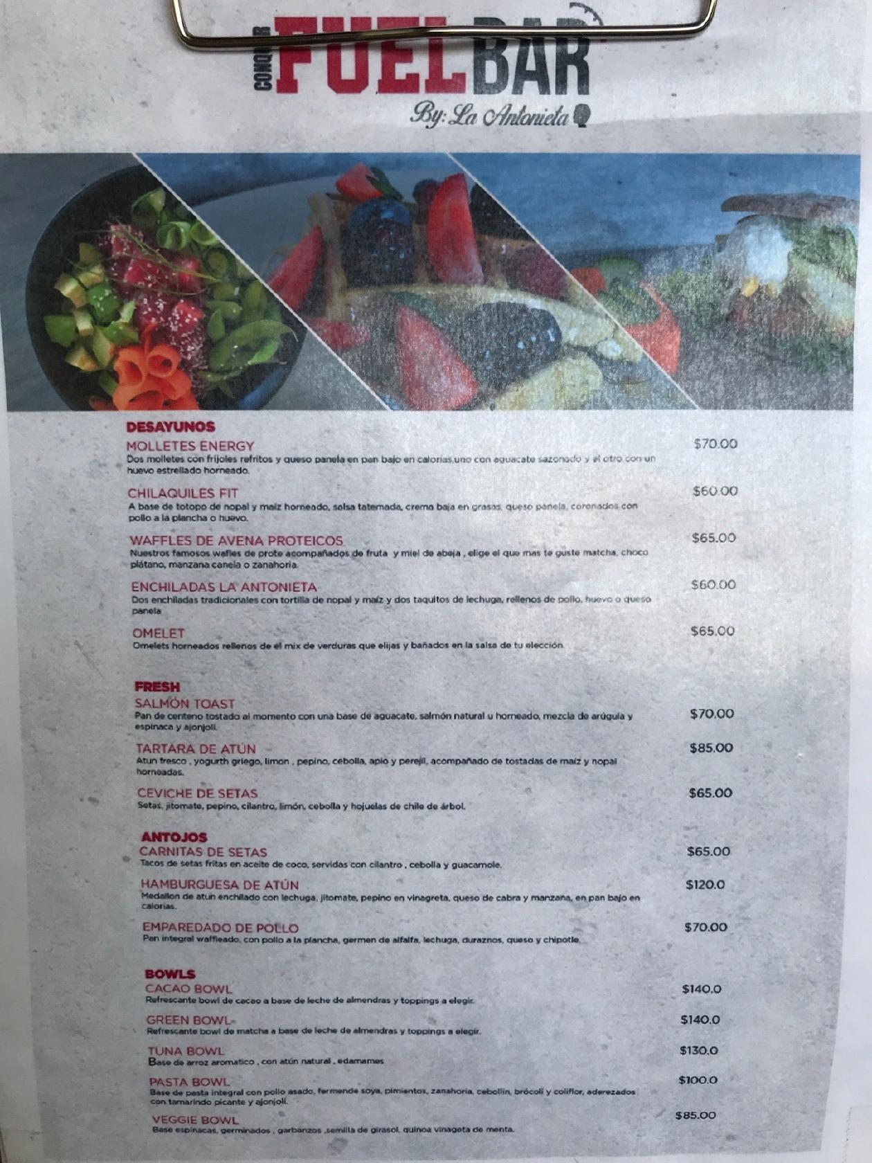 Menu at FUEL BAR BY LA ANTONIETA, Puebla City