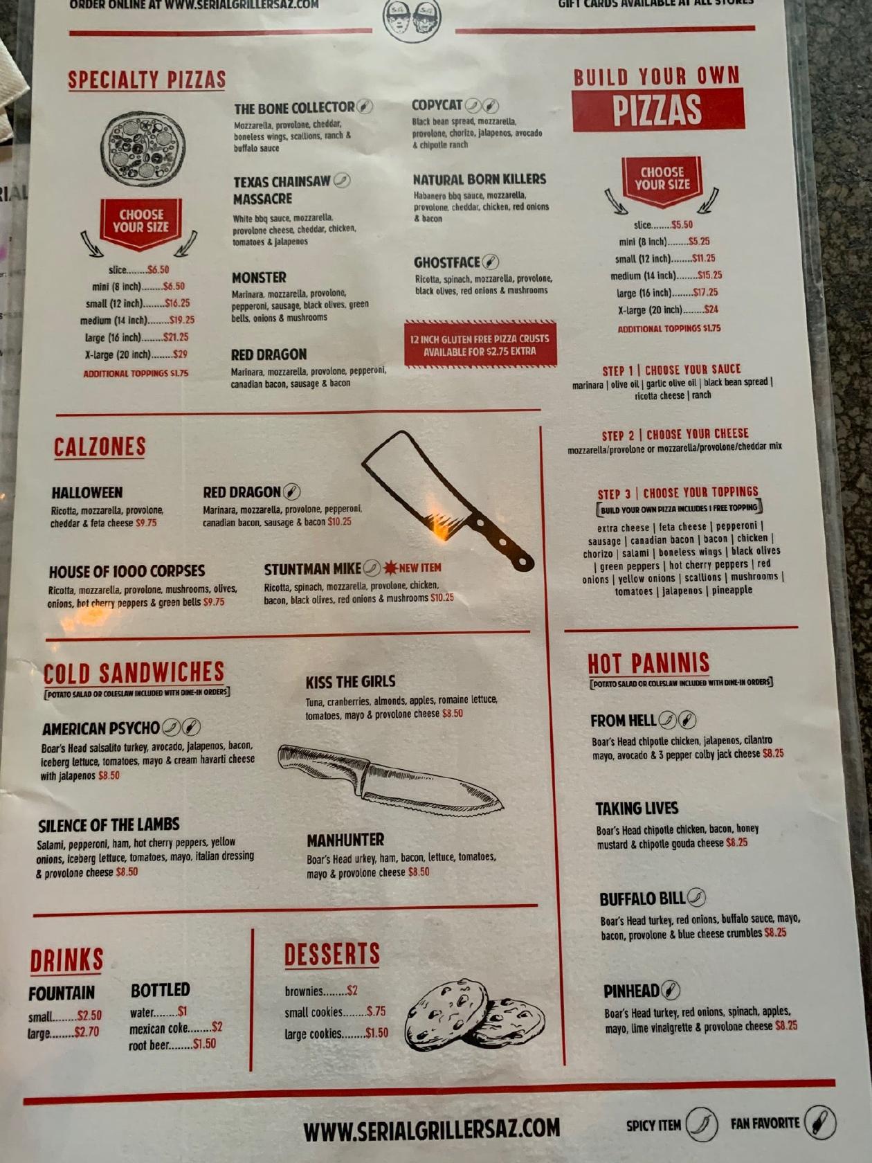 Menu at Serial Grillers pizzeria, Tucson, E Speedway Blvd