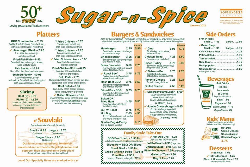 Menu at SugarnSpice BBQ, Spartanburg