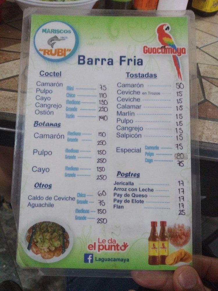 Menu at Mariscos Rubi restaurant, Guadalajara