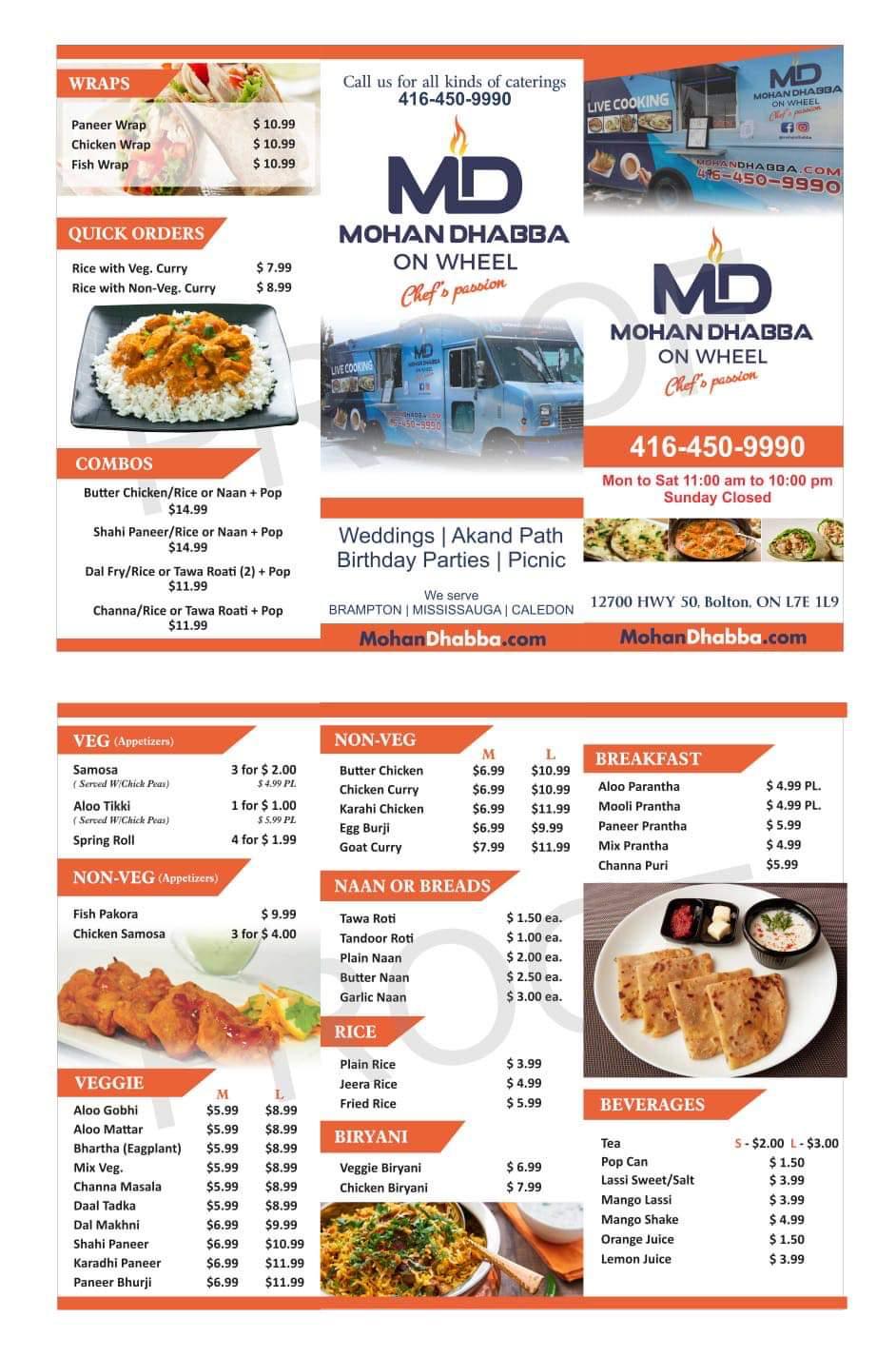 Menu at Mohan Dhabba restaurant, Caledon