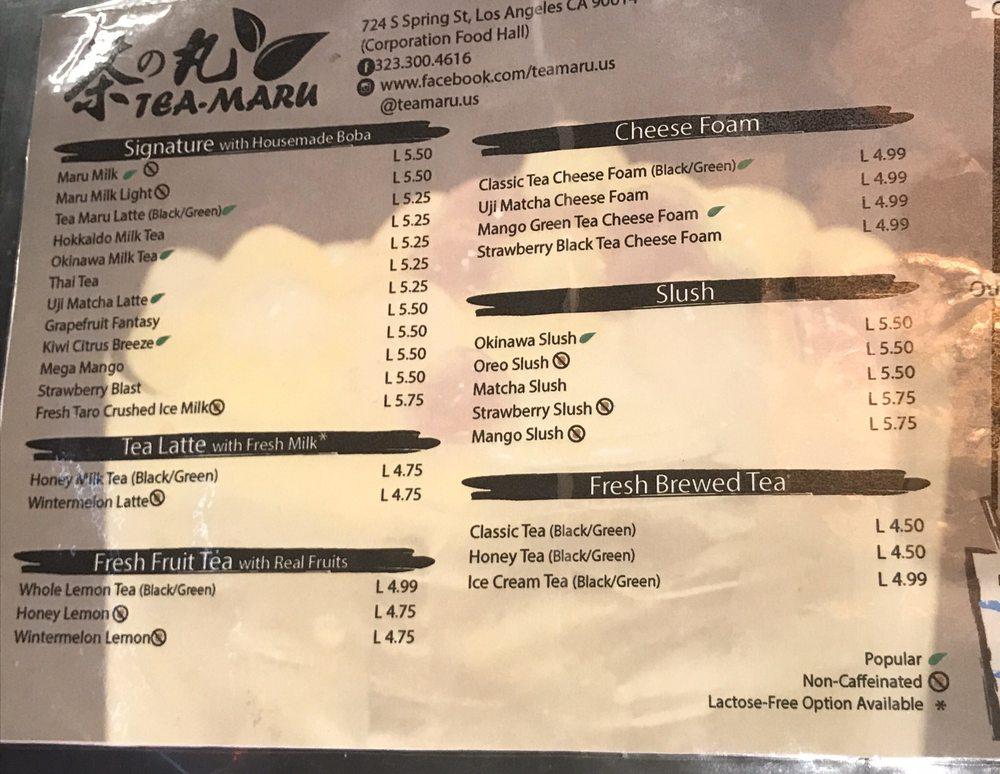 Menu at Tea Maru Housemade Boba desserts, Los Angeles