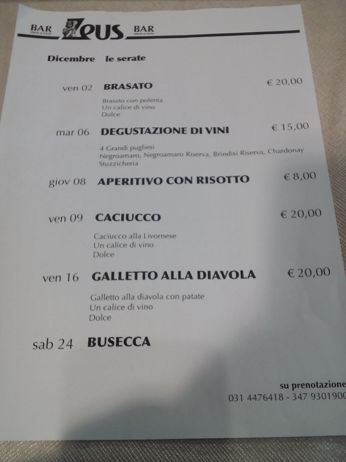 Menu di Zeus Bar - drink & food 