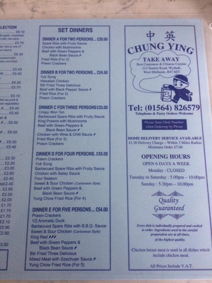 Menu at Chung Ying fast food, Birmingham, 213 Station Rd