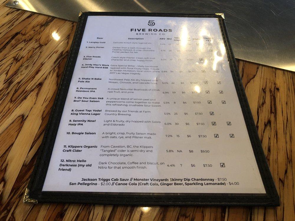 Menu at Five Roads Brewing, Langley Township