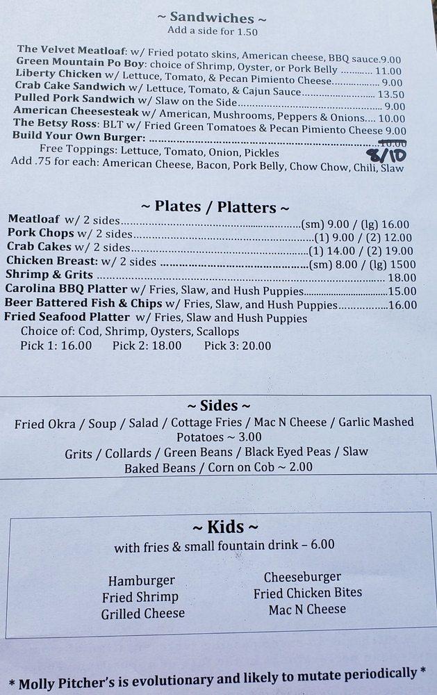 Menu at Molly Pitcher's American Grill restaurant, Wilmington