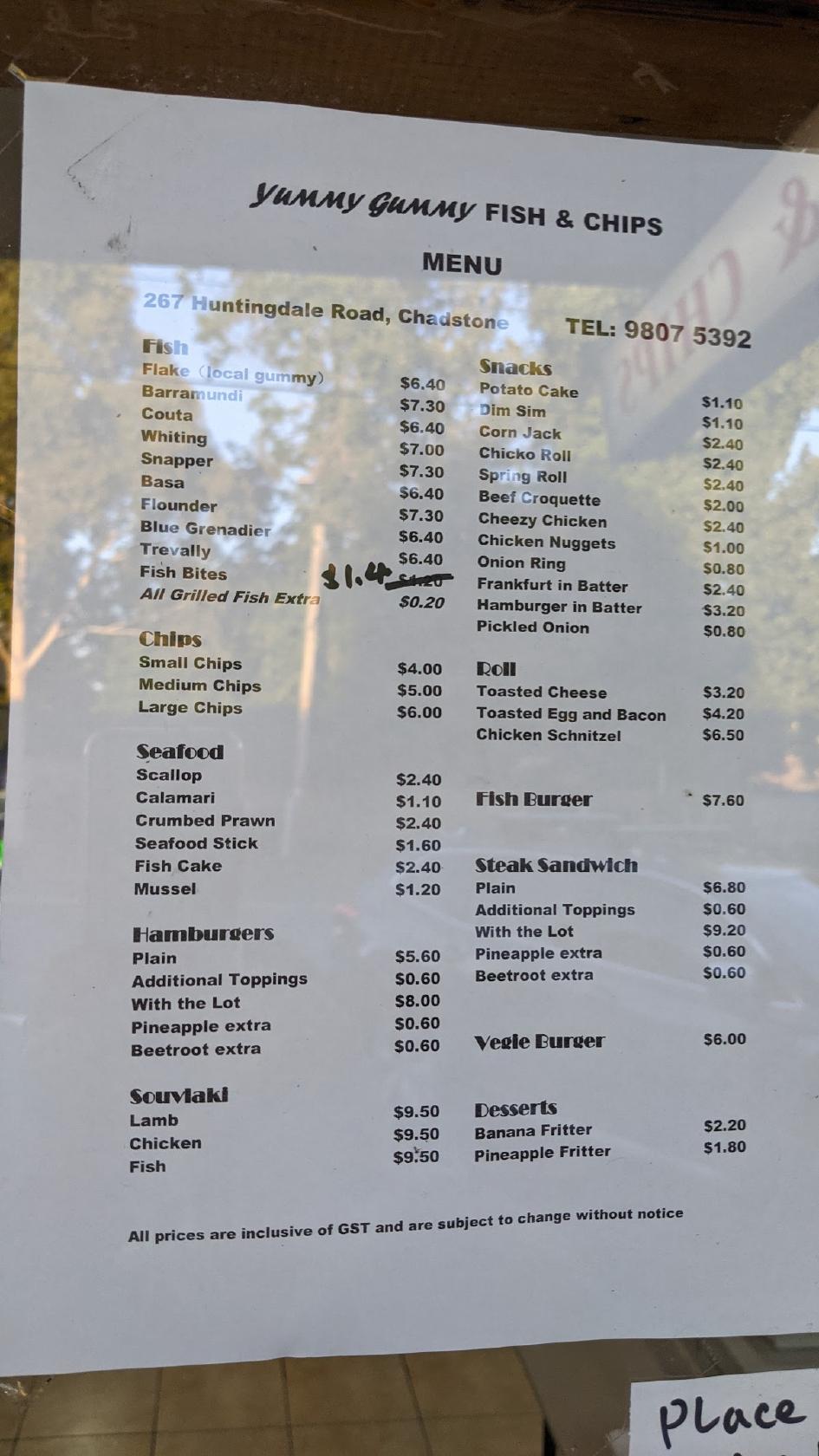Menu at Yummy Gummy Fish & Chips restaurant, Chadstone