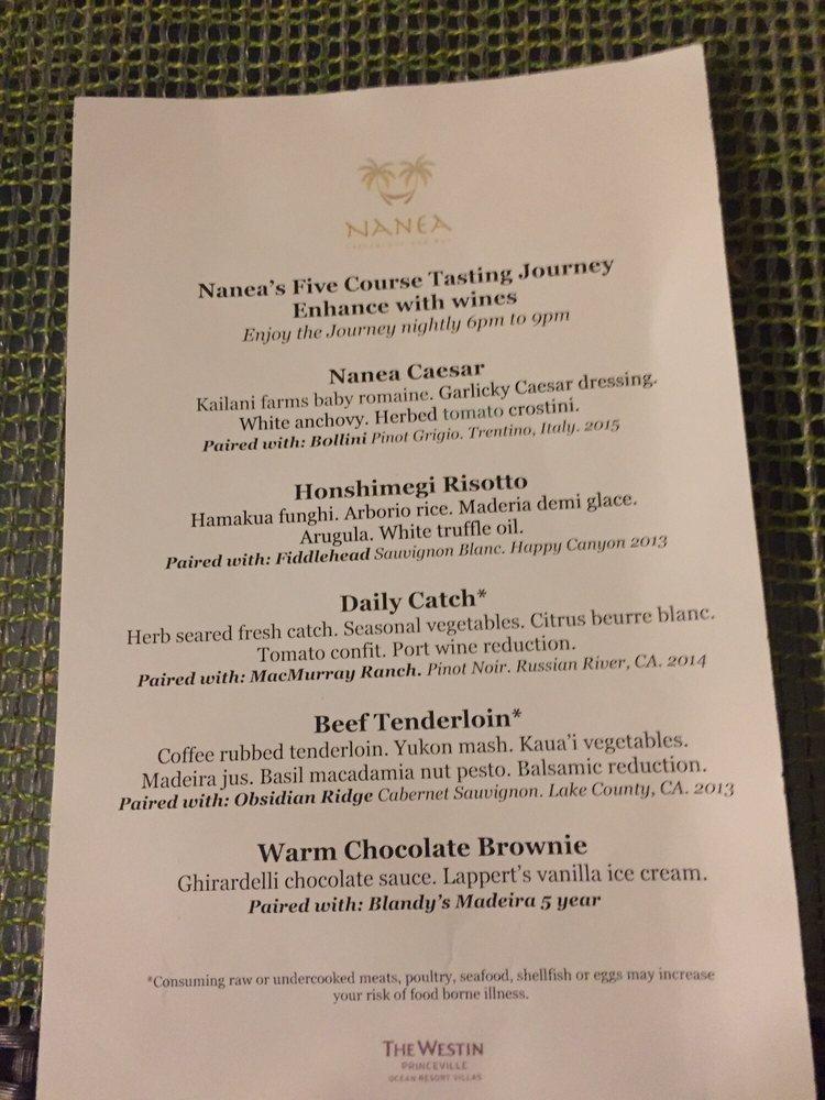 Menu at Nanea Restaurant and Bar, Princeville