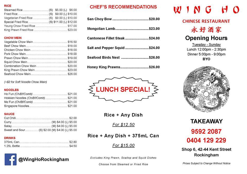 Menu at Wing Ho Chinese Restaurant, Rockingham
