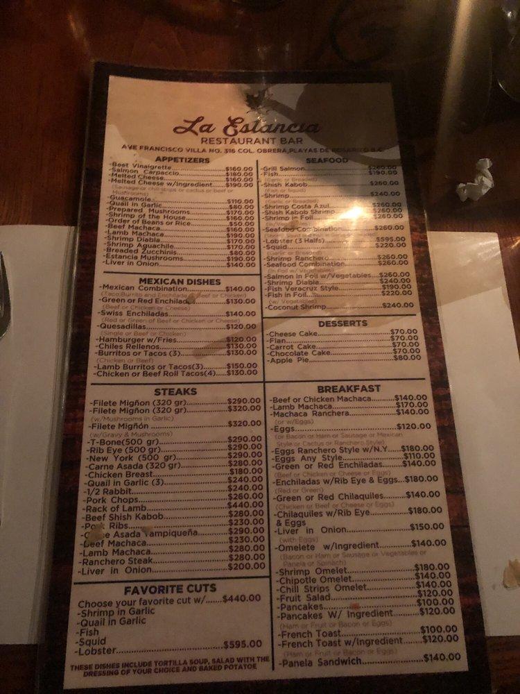 Menu at La Estancia restaurant, Rosarito
