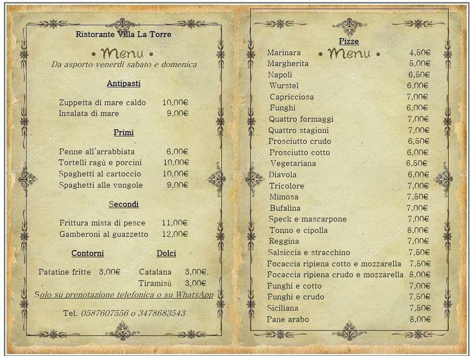 Speisekarte von Ristorante Villa La Torre, Capannoli