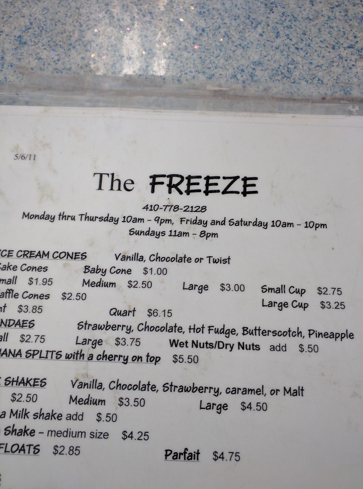 Menu at The FREEZE fast food, Chestertown