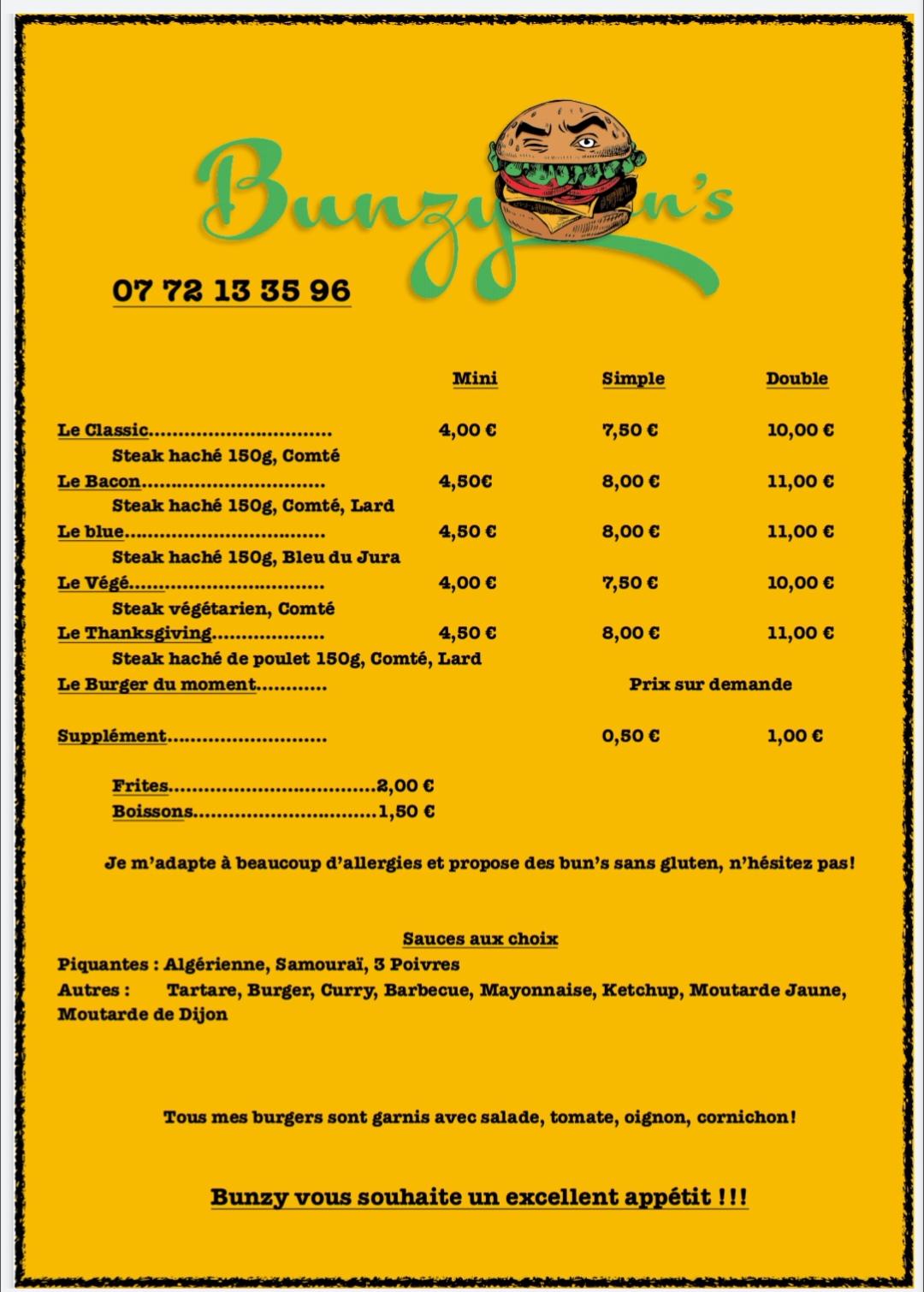 Menu at Bunzy Bun's restaurant, Damprichard