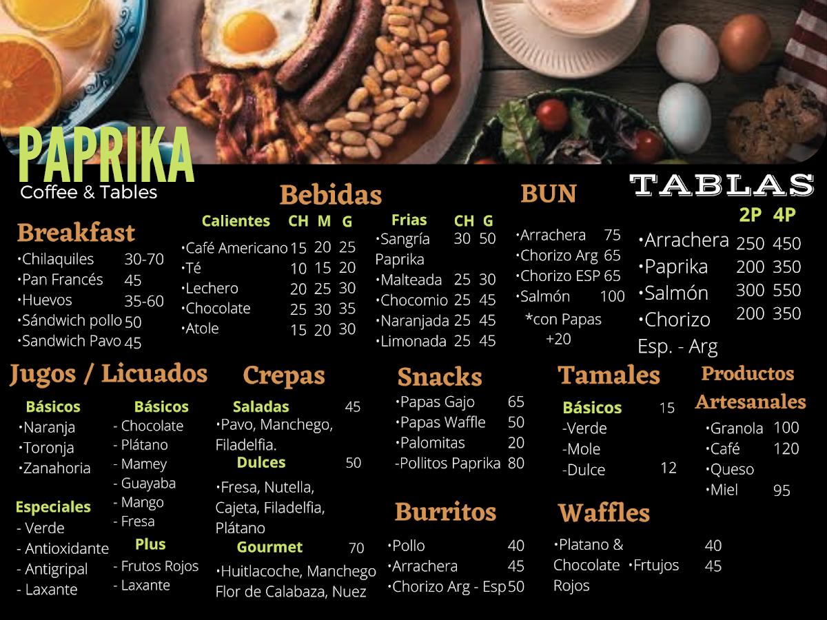 Menu at Paprika, Texcoco