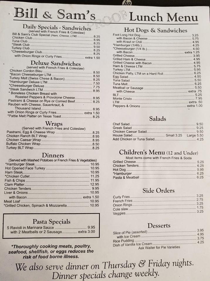 Menu at Bill & Sam's Diner restaurant, Wolcott