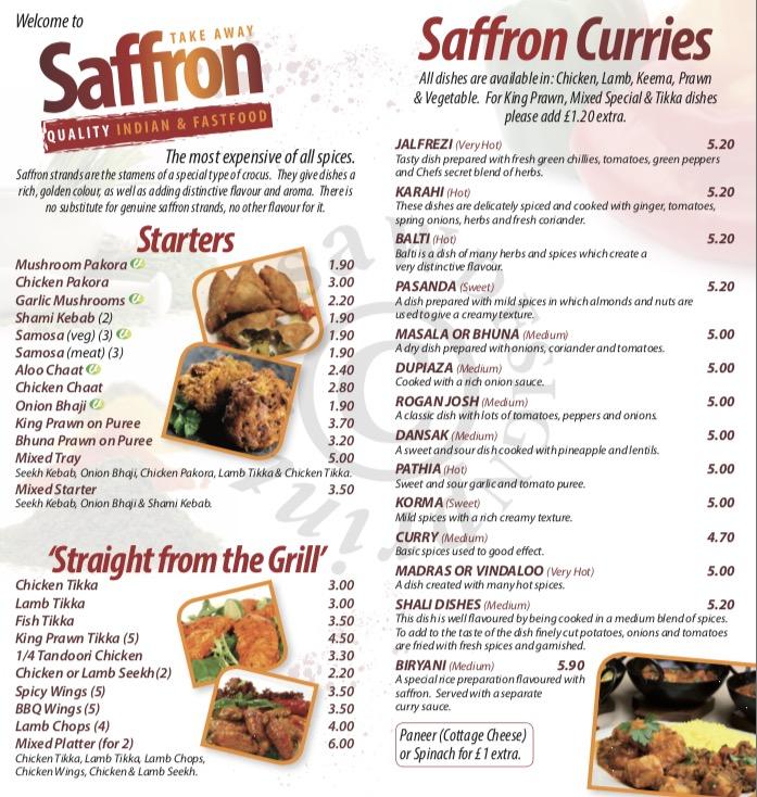 Menu at Saffron restaurant, Denby Dale