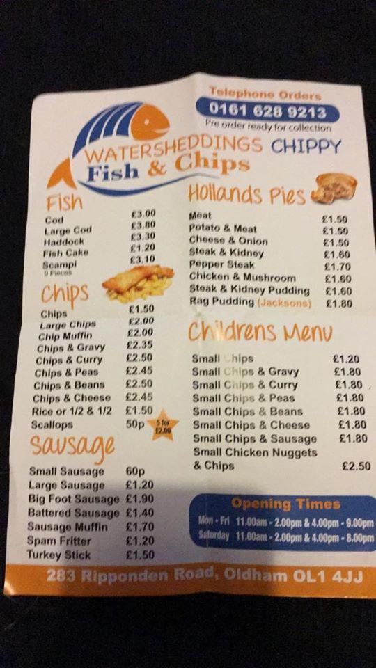 Menu at Watersheddings Chippy restaurant, Oldham