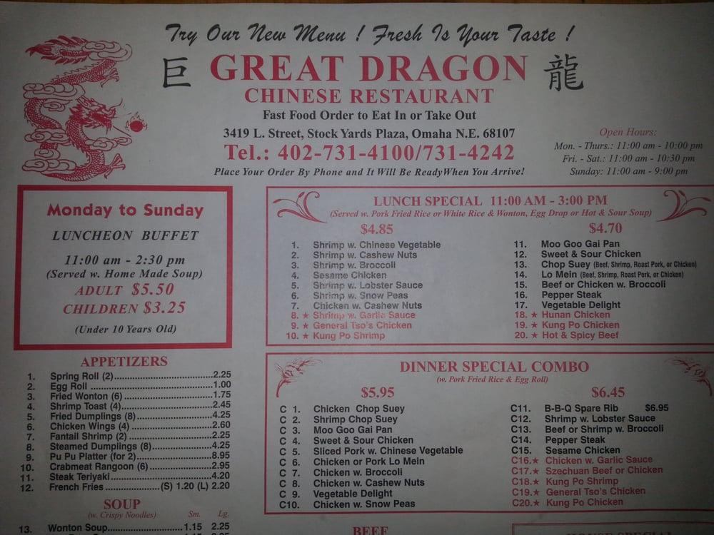 Menu at Great Dragon restaurant, Omaha