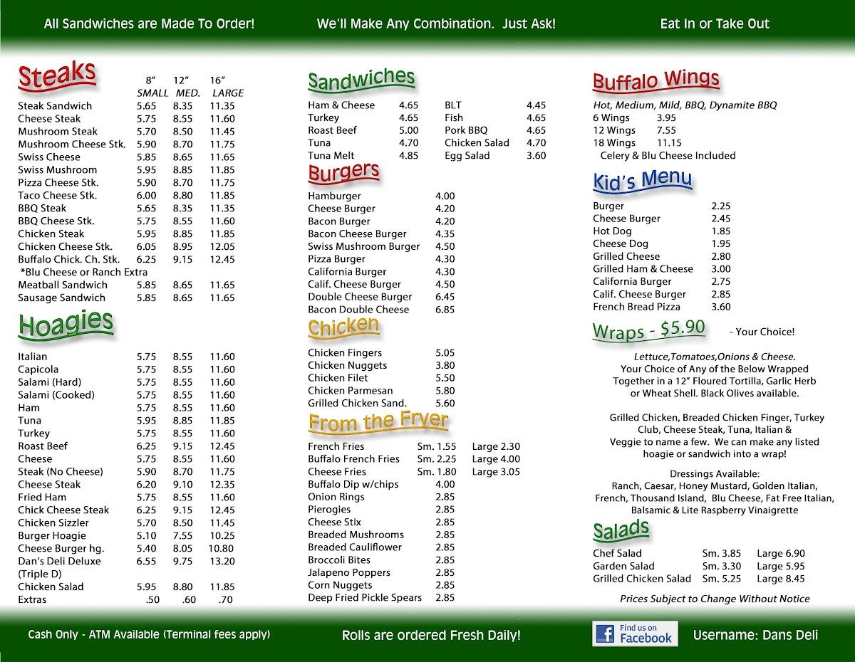 Menu at Dan's Deli fast food, Boyertown