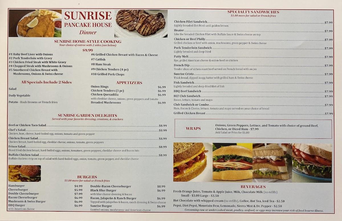 Menu at Sunrise Pancake House restaurant, Millstadt