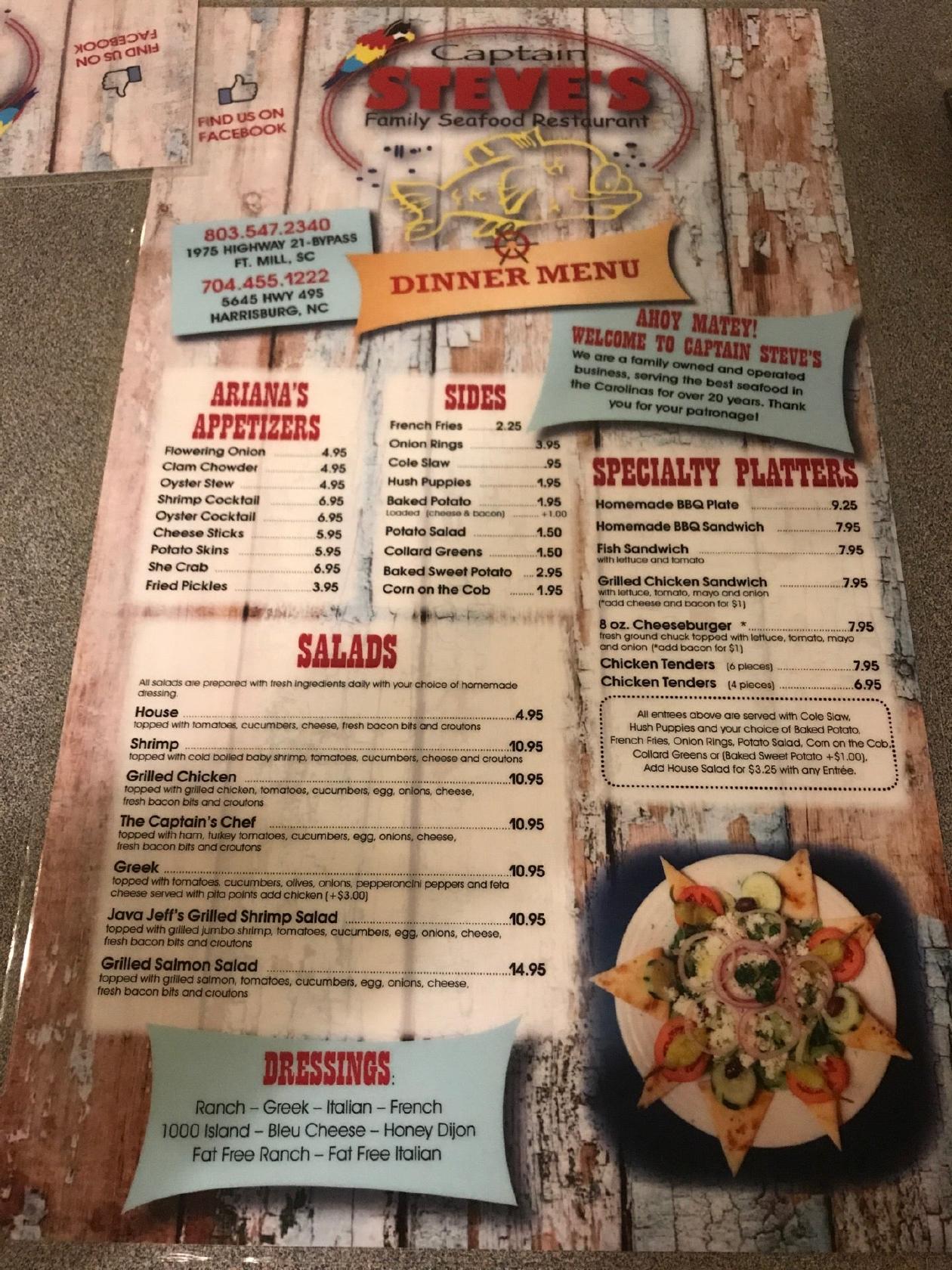 Menu at Captain Steve's Family Seafood Restaurant in Fort Mill, SC