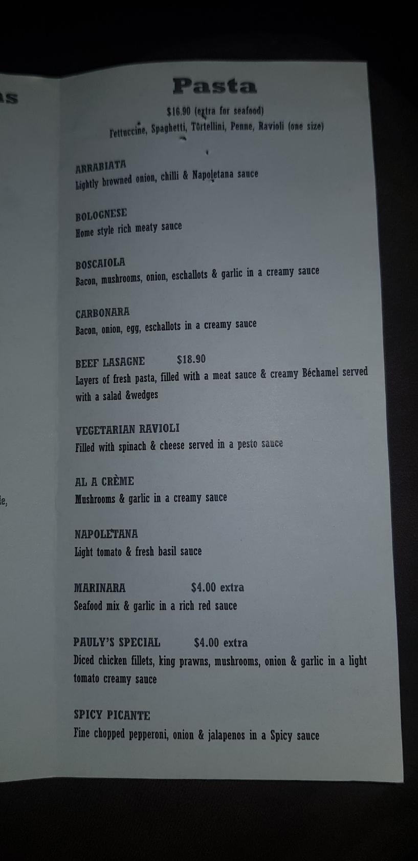 Menu at Pauly's Gourmet Kitchen restaurant, Morisset