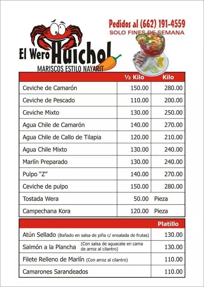 Menu at Wero Huichol restaurant, Hermosillo