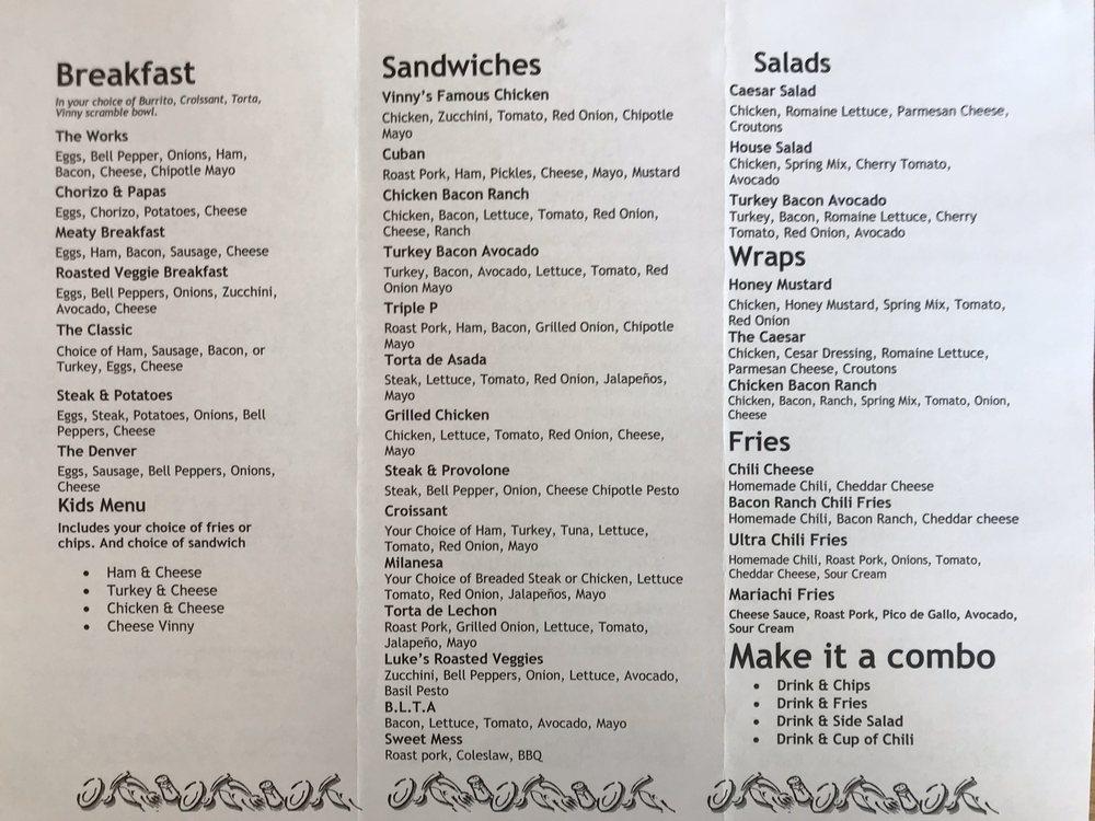 Menu at Vinny's Bakery, Pasco