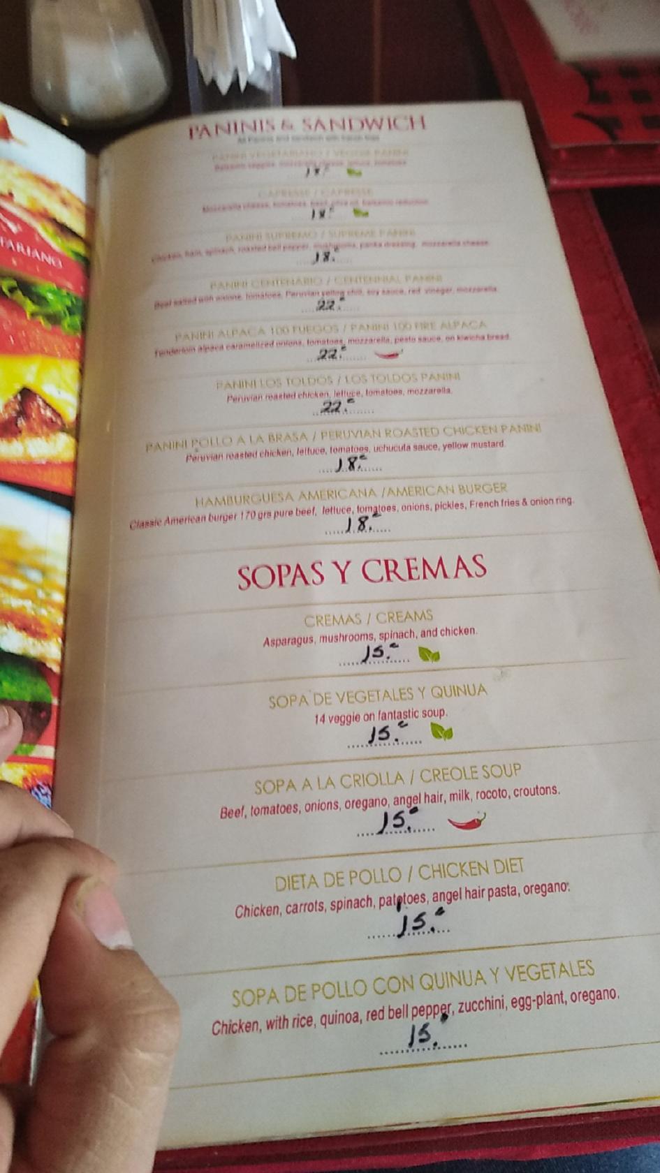Carta del restaurante Los Toldos chicken, Cusco, Calle Almagro 171