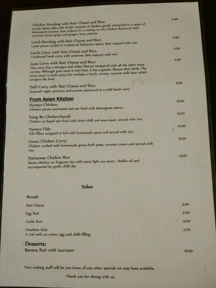 Menu at Satay Malaysia restaurant, Wellington, 255 Cuba St