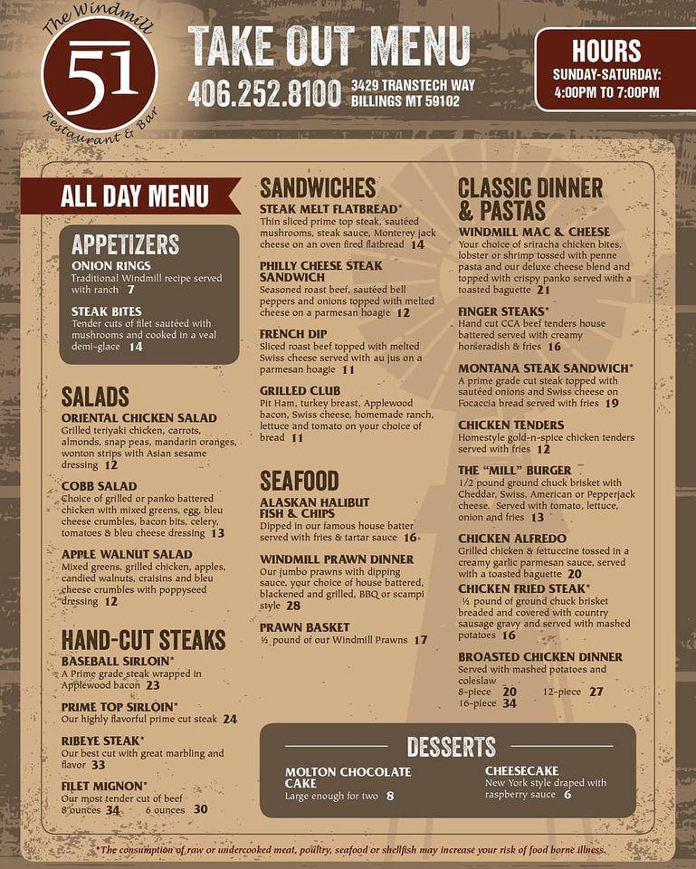 Menu at The Windmill & Bar 51, Billings, N Transtech Way