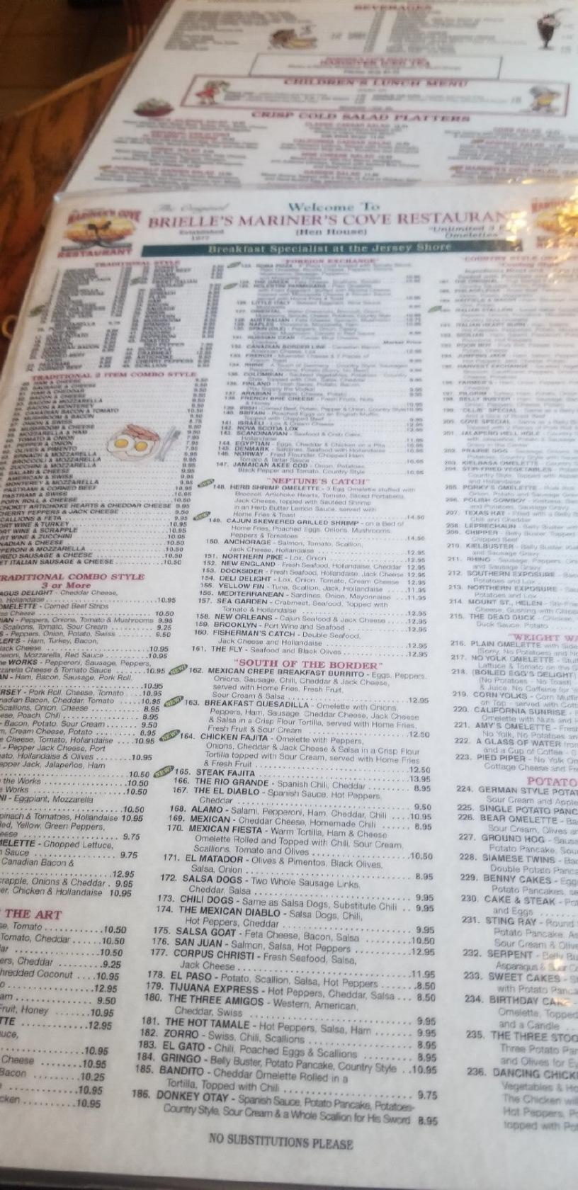 Menu at Mariner's Cove Restaurant, Brielle