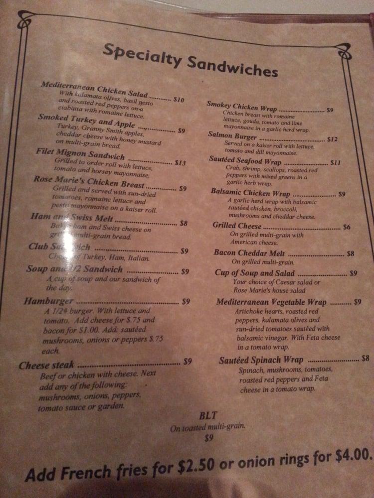 Menu at Rose Marie's restaurant, Bloomsburg