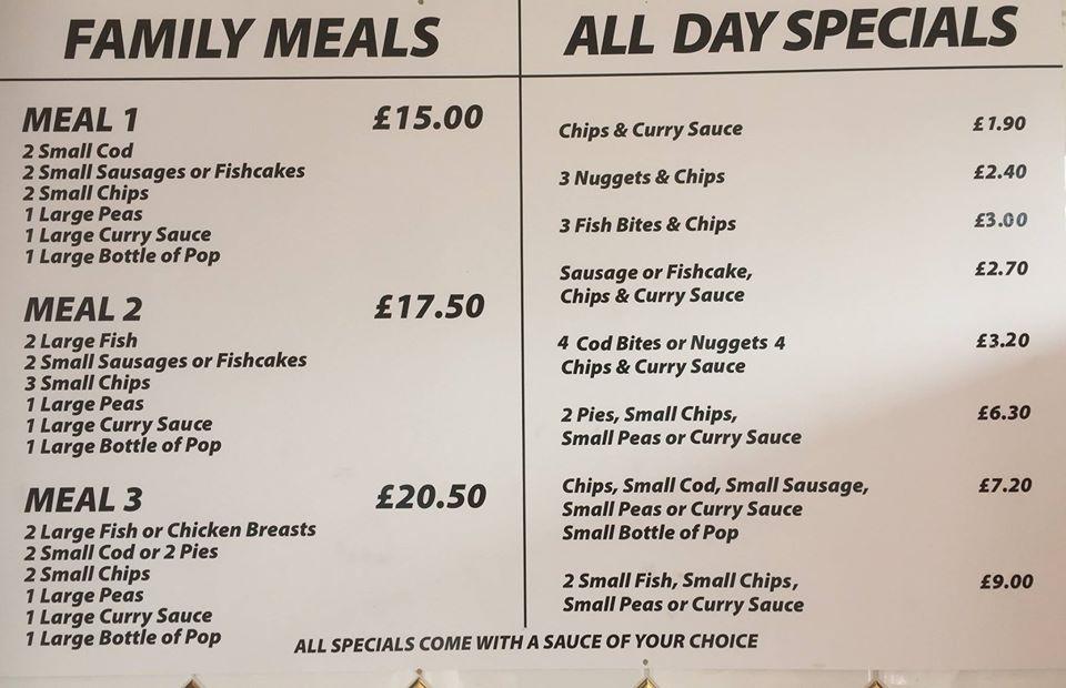 Menu at Seymour Fryer fast food, Gloucester