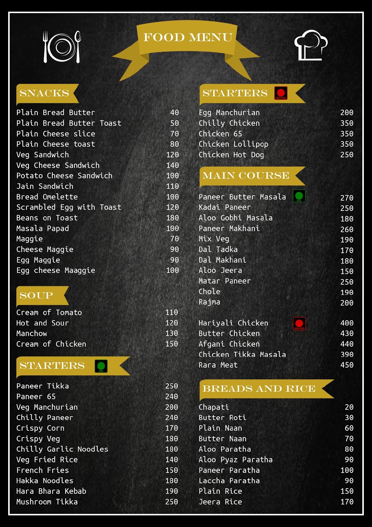 Menu at The Lotus Resort, India